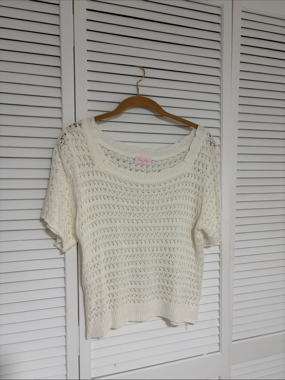 Pink Lily Cream Crochet Short Sleeve Sweater